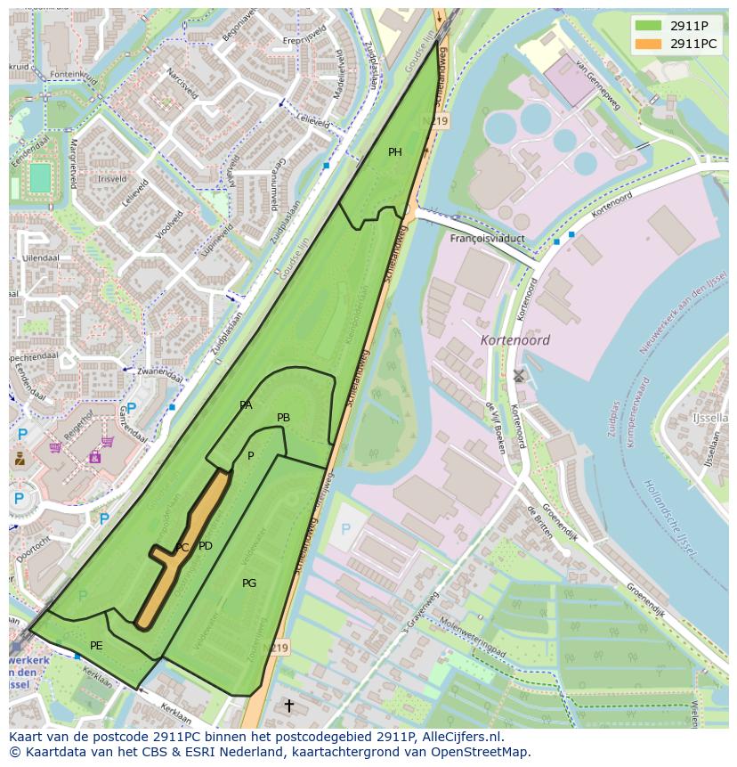 Afbeelding van het postcodegebied 2911 PC op de kaart.
