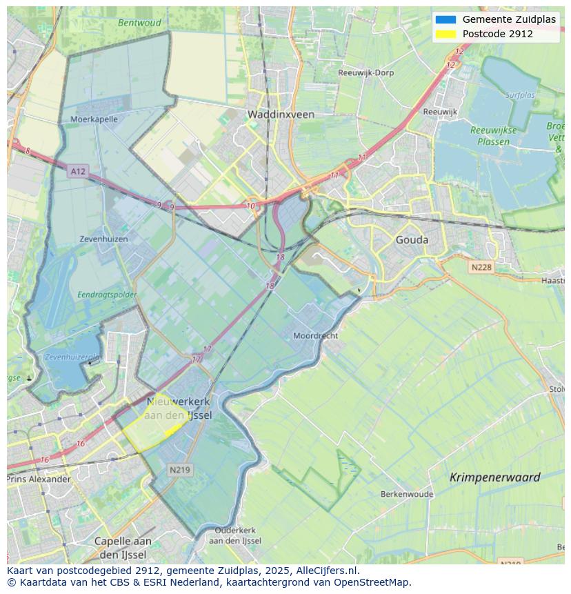 Afbeelding van het postcodegebied 2912 op de kaart.
