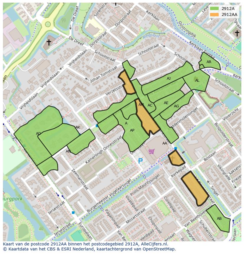 Afbeelding van het postcodegebied 2912 AA op de kaart.