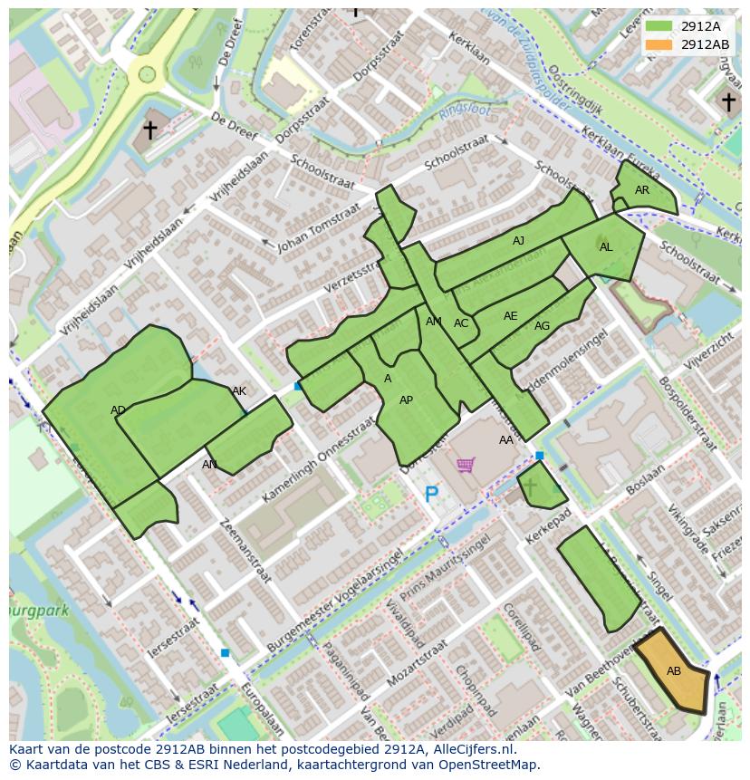 Afbeelding van het postcodegebied 2912 AB op de kaart.
