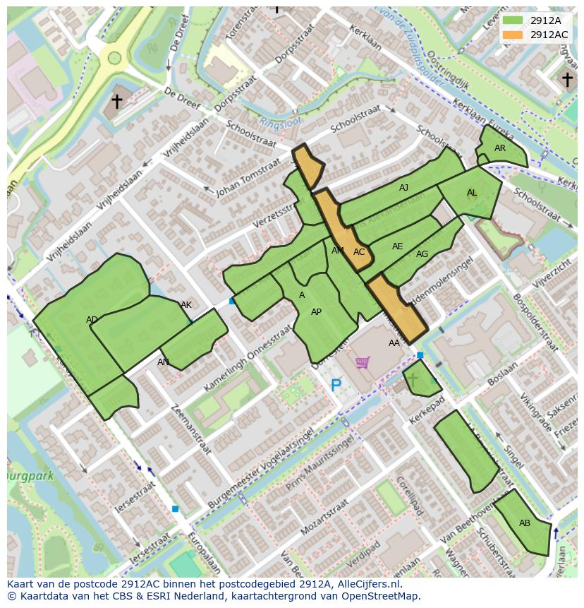 Afbeelding van het postcodegebied 2912 AC op de kaart.