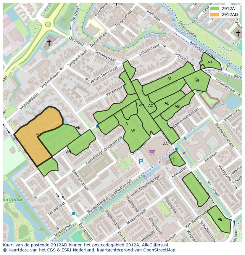 Afbeelding van het postcodegebied 2912 AD op de kaart.