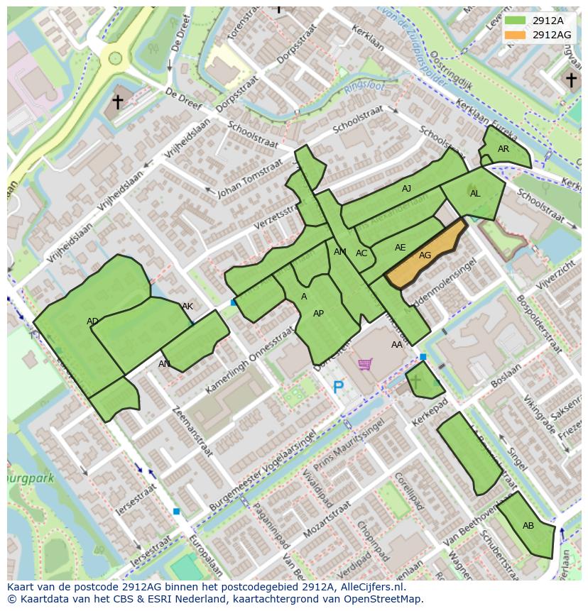 Afbeelding van het postcodegebied 2912 AG op de kaart.