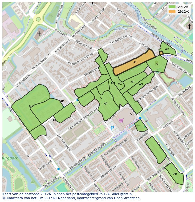 Afbeelding van het postcodegebied 2912 AJ op de kaart.