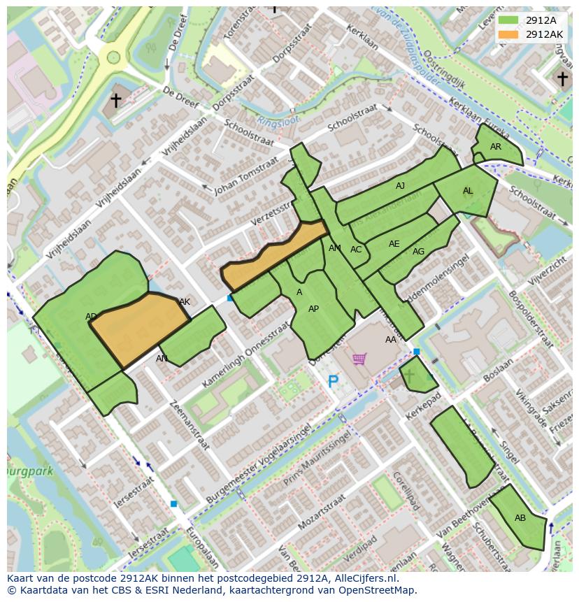 Afbeelding van het postcodegebied 2912 AK op de kaart.