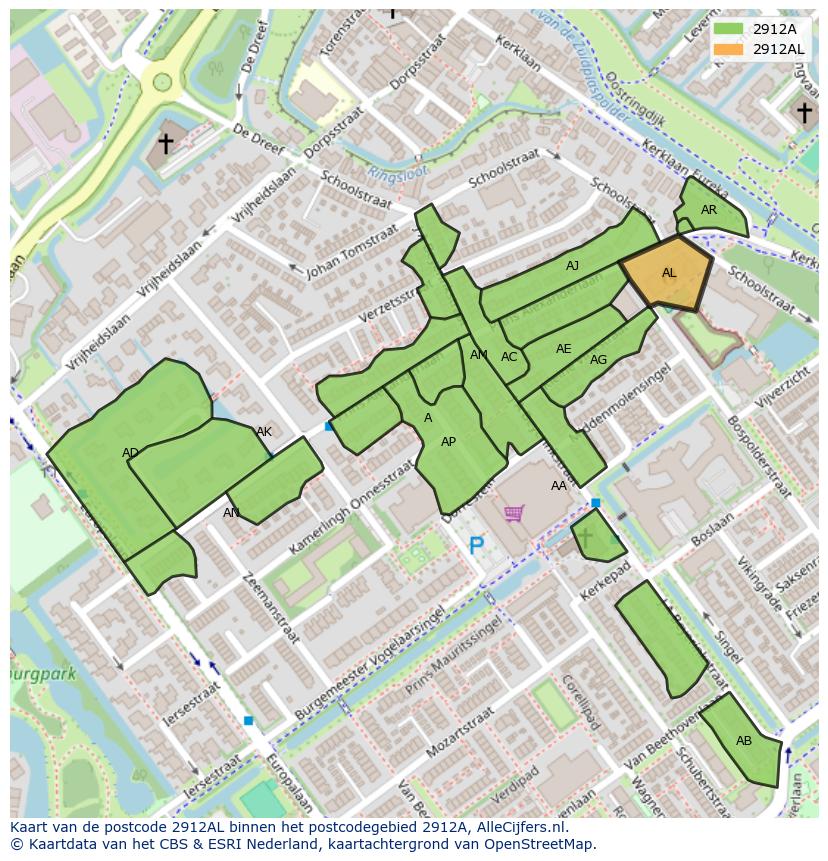 Afbeelding van het postcodegebied 2912 AL op de kaart.