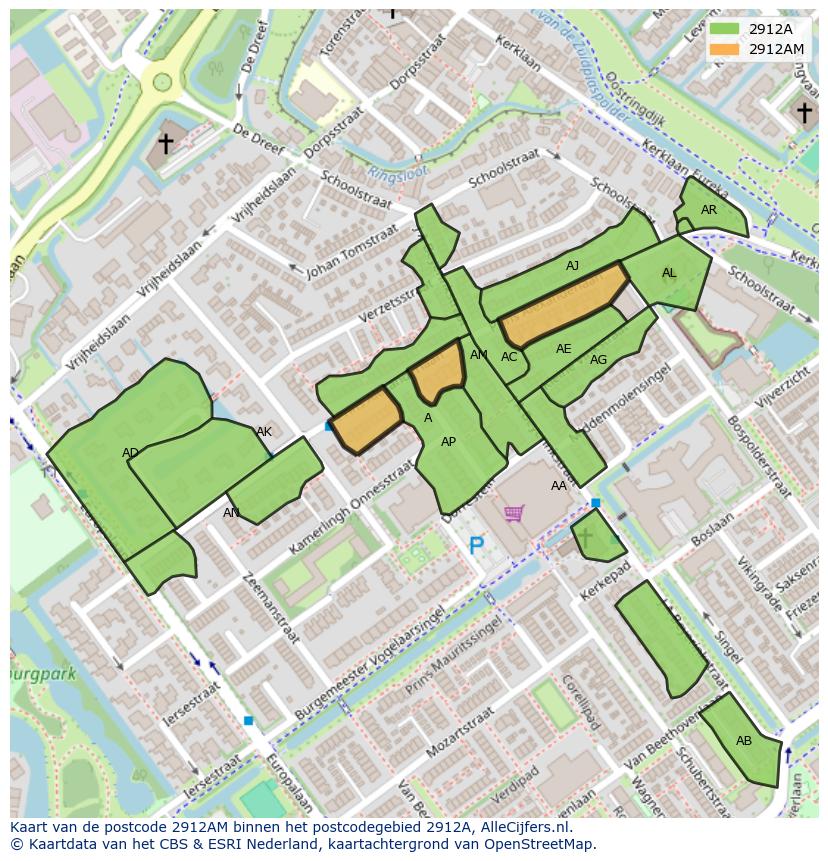 Afbeelding van het postcodegebied 2912 AM op de kaart.
