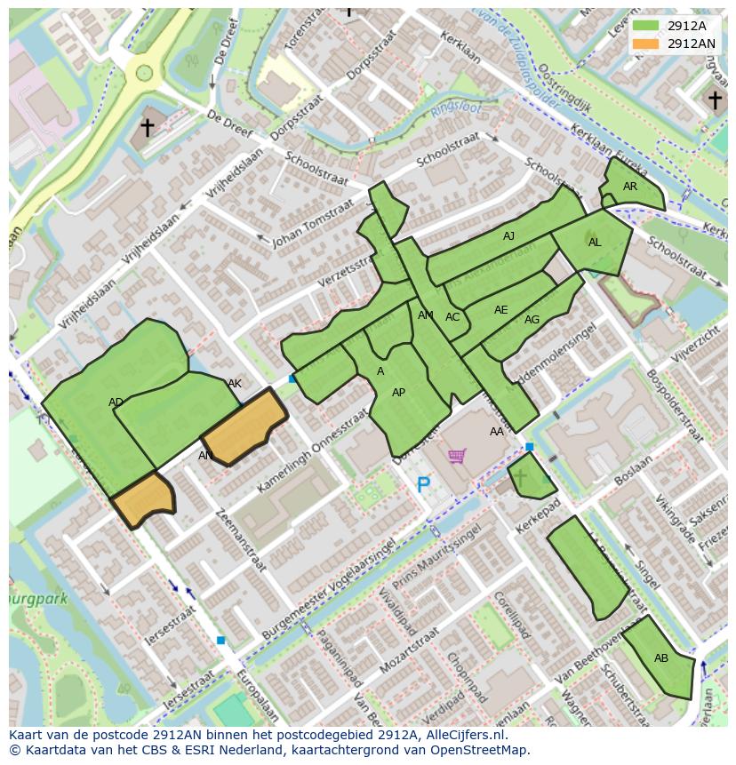 Afbeelding van het postcodegebied 2912 AN op de kaart.