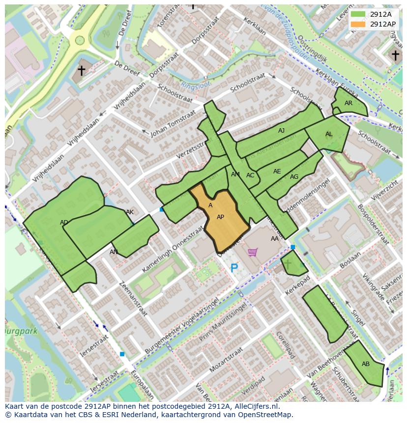 Afbeelding van het postcodegebied 2912 AP op de kaart.