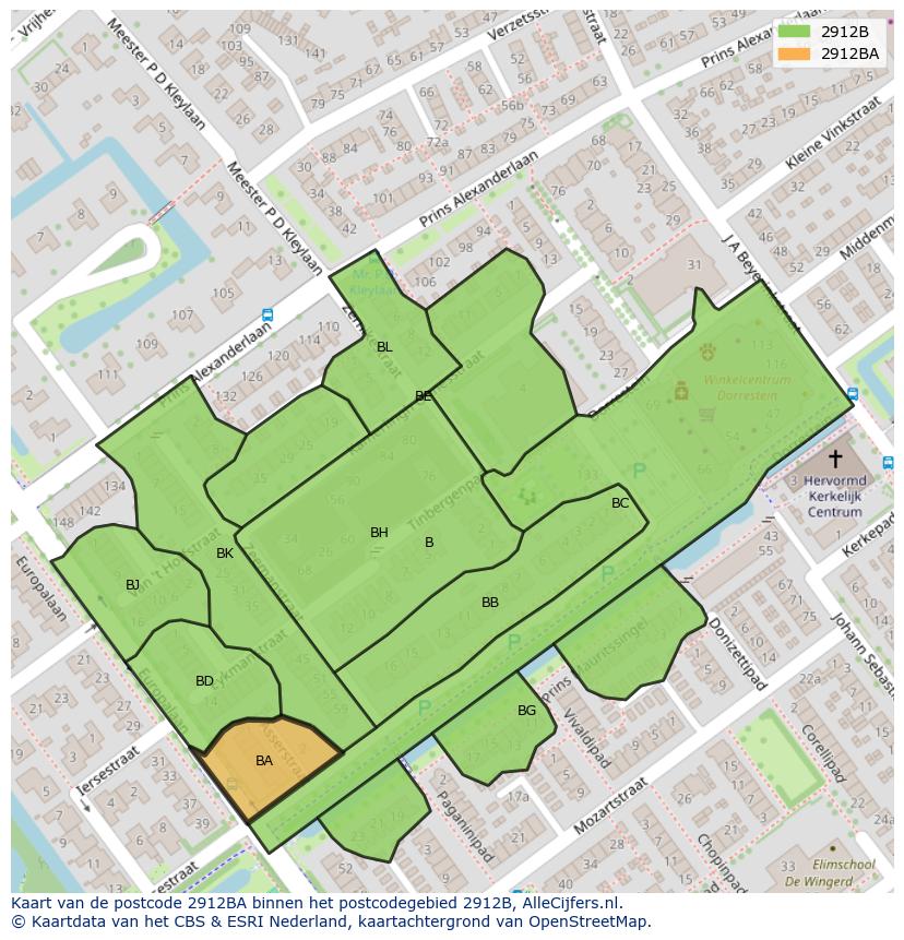 Afbeelding van het postcodegebied 2912 BA op de kaart.
