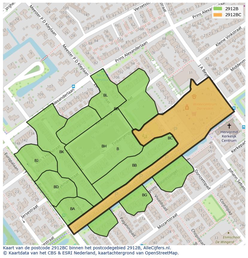 Afbeelding van het postcodegebied 2912 BC op de kaart.
