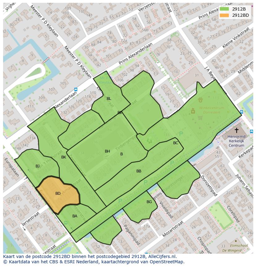 Afbeelding van het postcodegebied 2912 BD op de kaart.