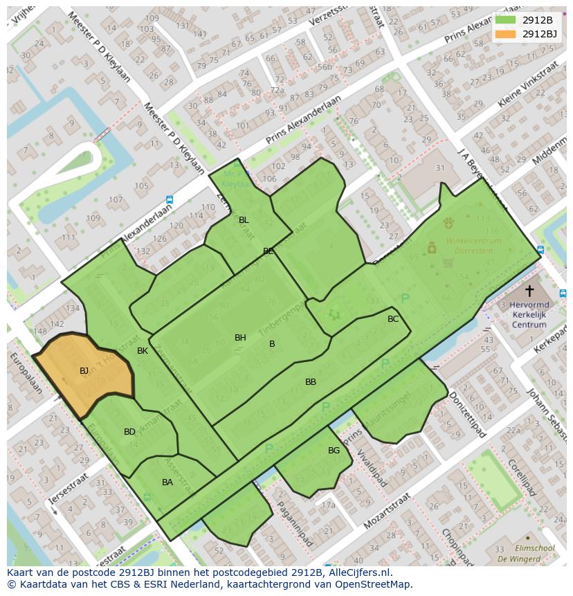 Afbeelding van het postcodegebied 2912 BJ op de kaart.