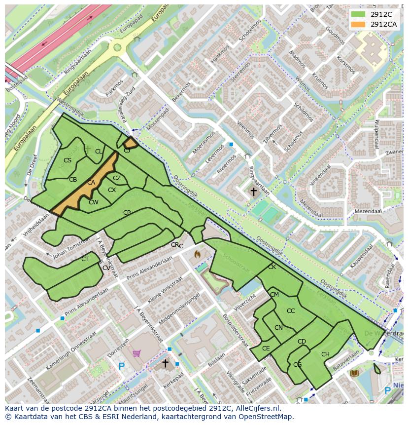 Afbeelding van het postcodegebied 2912 CA op de kaart.