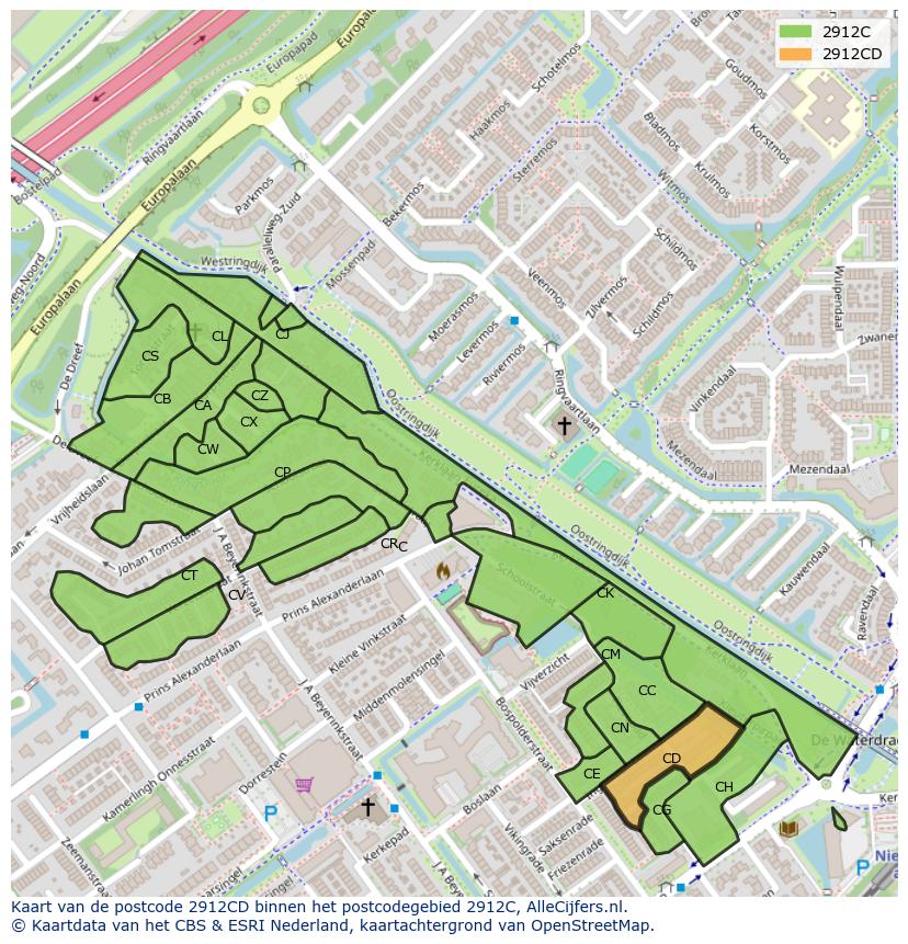Afbeelding van het postcodegebied 2912 CD op de kaart.