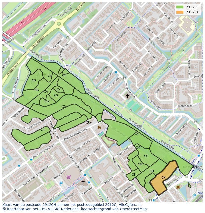 Afbeelding van het postcodegebied 2912 CH op de kaart.