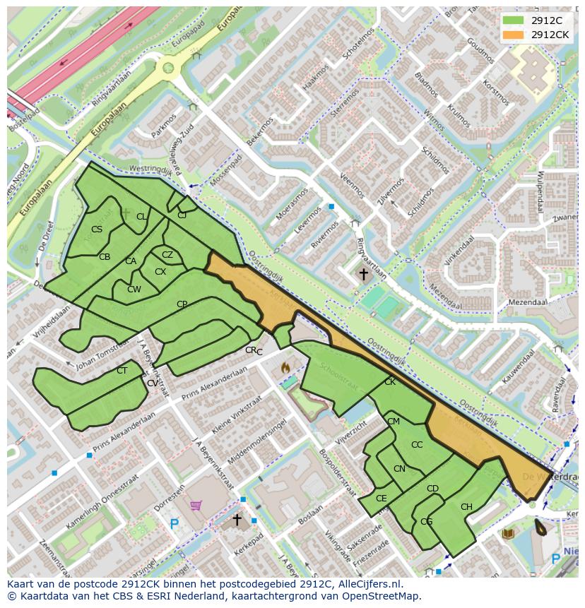 Afbeelding van het postcodegebied 2912 CK op de kaart.