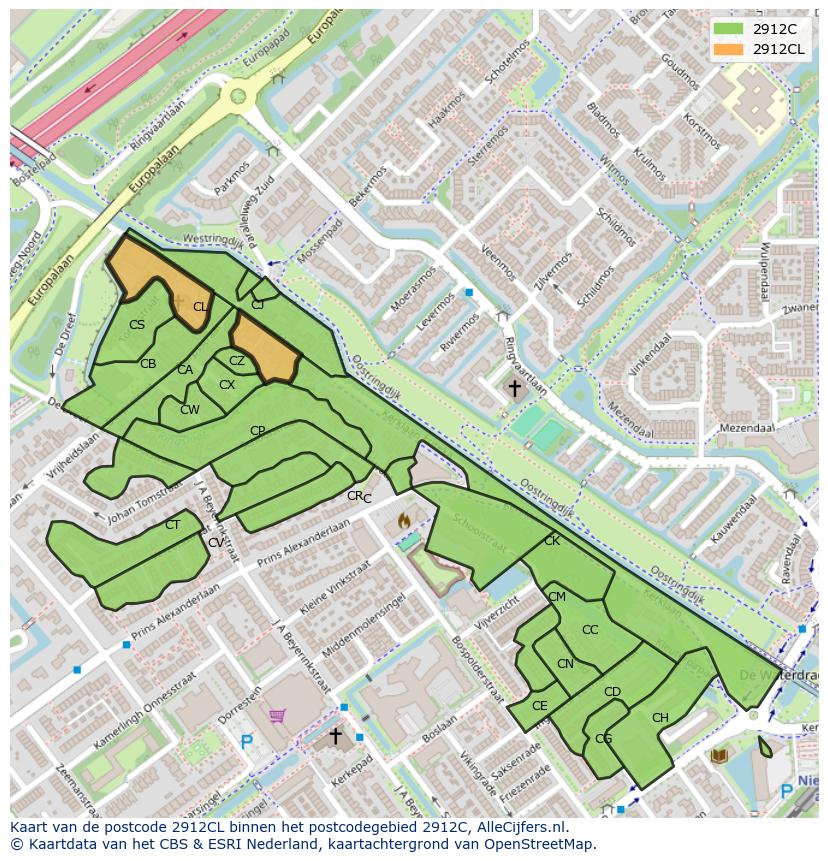 Afbeelding van het postcodegebied 2912 CL op de kaart.