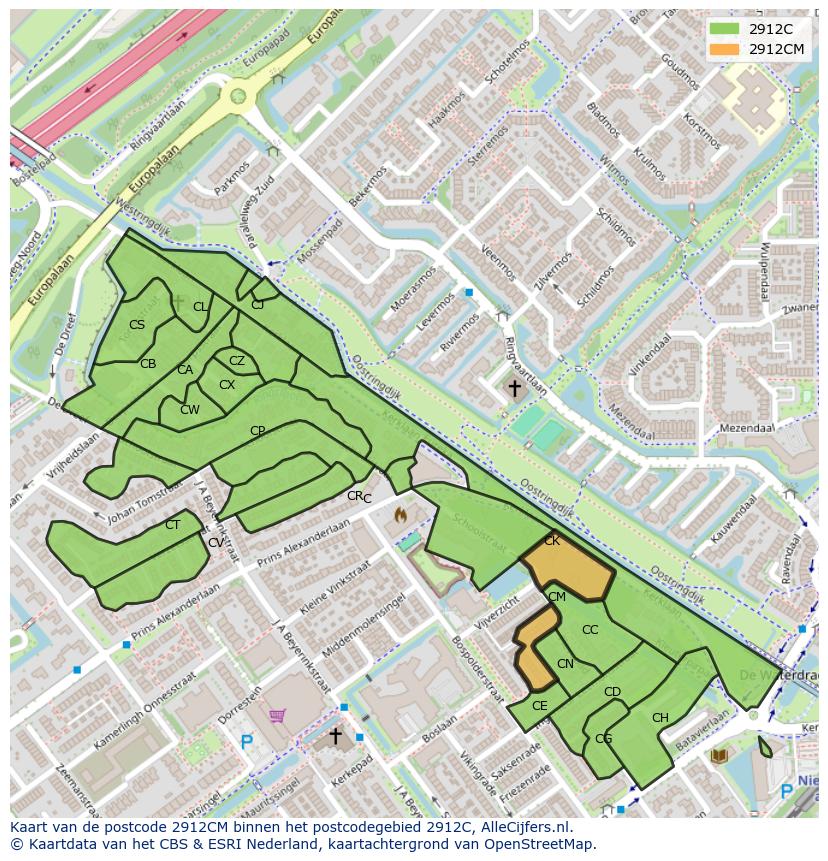 Afbeelding van het postcodegebied 2912 CM op de kaart.