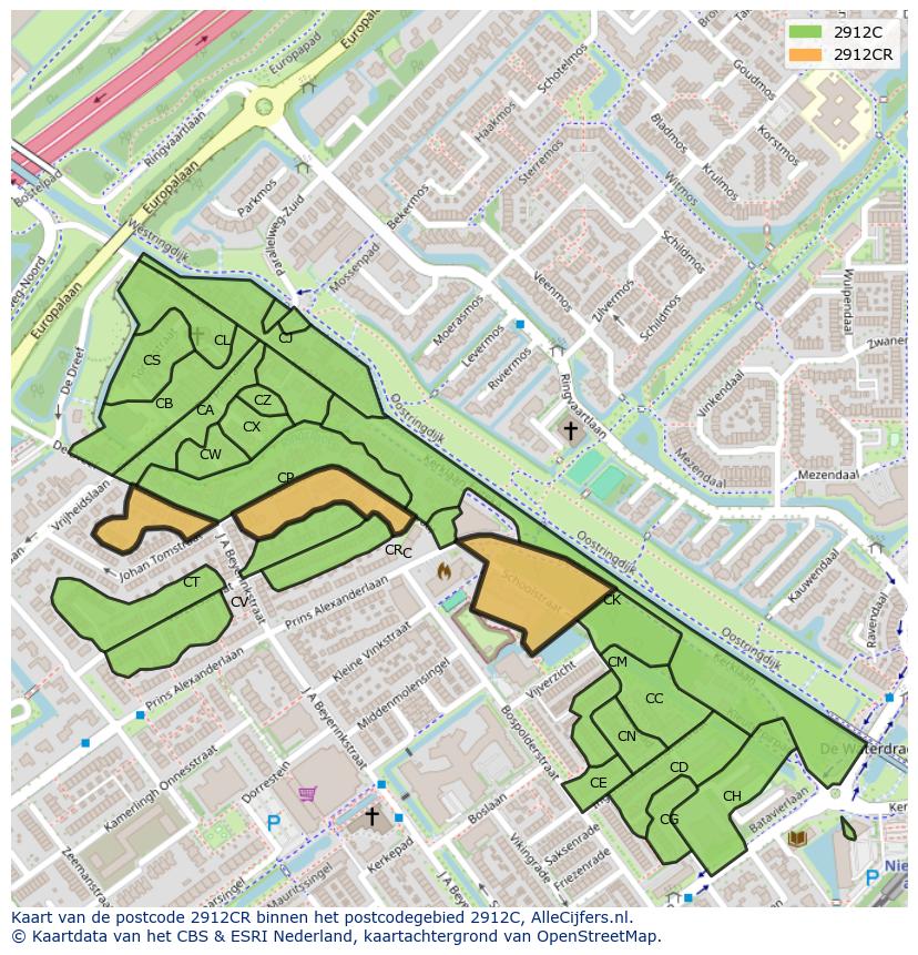 Afbeelding van het postcodegebied 2912 CR op de kaart.
