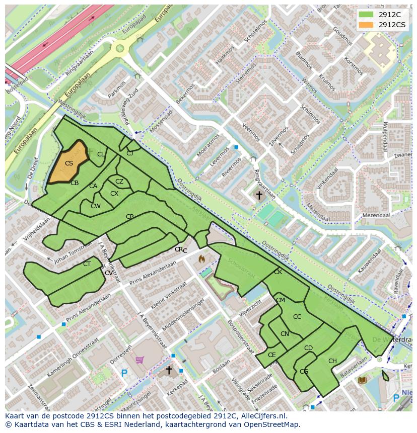 Afbeelding van het postcodegebied 2912 CS op de kaart.