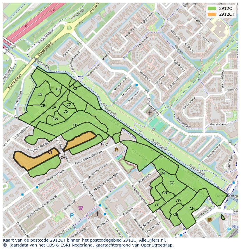 Afbeelding van het postcodegebied 2912 CT op de kaart.
