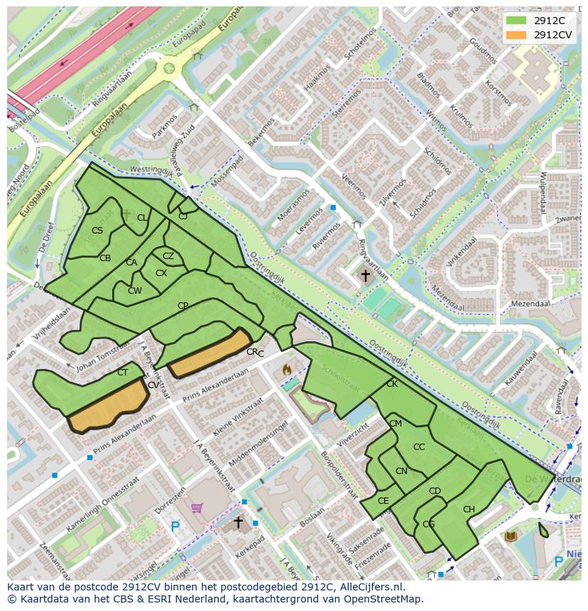 Afbeelding van het postcodegebied 2912 CV op de kaart.