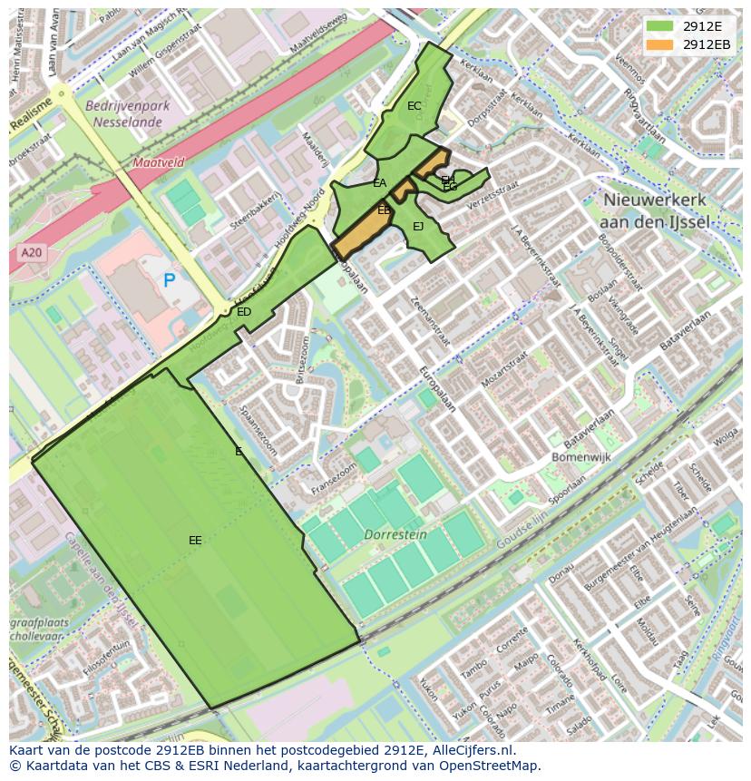 Afbeelding van het postcodegebied 2912 EB op de kaart.