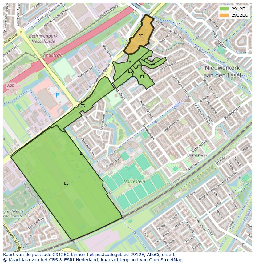 Afbeelding van het postcodegebied 2912 EC op de kaart.