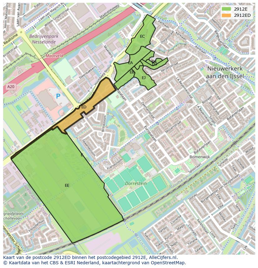 Afbeelding van het postcodegebied 2912 ED op de kaart.