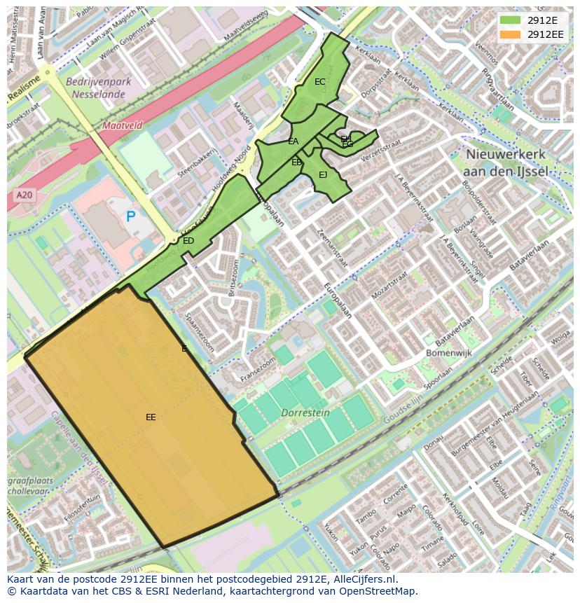Afbeelding van het postcodegebied 2912 EE op de kaart.