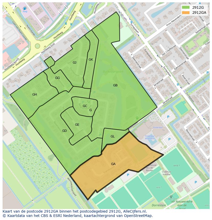 Afbeelding van het postcodegebied 2912 GA op de kaart.