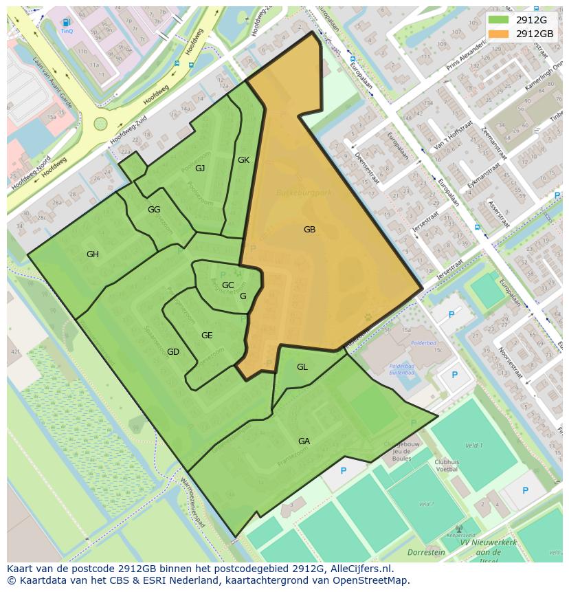 Afbeelding van het postcodegebied 2912 GB op de kaart.