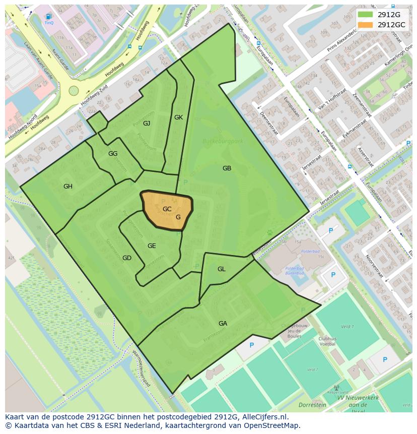 Afbeelding van het postcodegebied 2912 GC op de kaart.