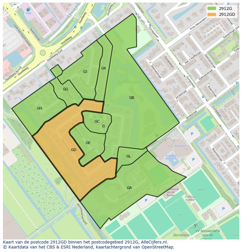 Afbeelding van het postcodegebied 2912 GD op de kaart.