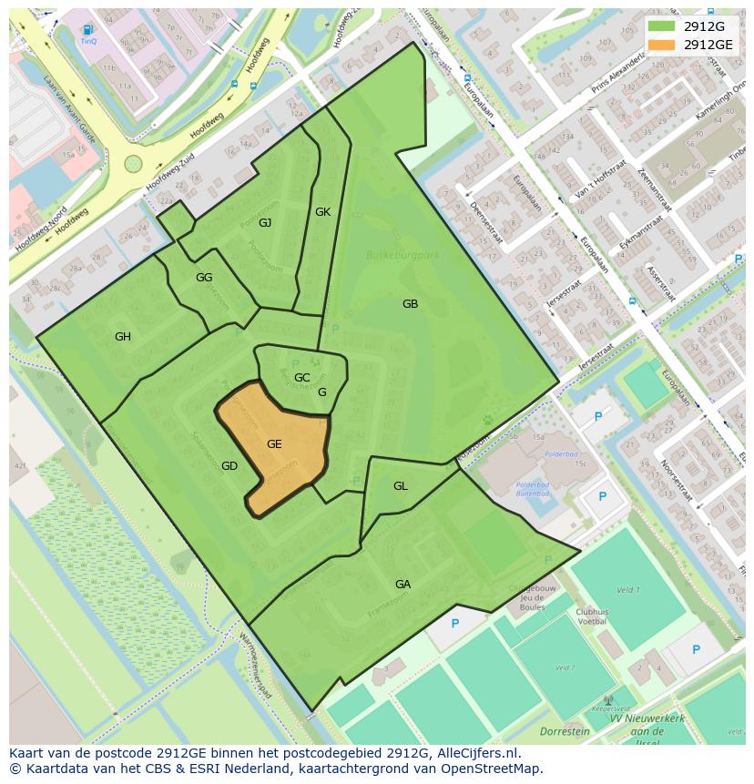 Afbeelding van het postcodegebied 2912 GE op de kaart.