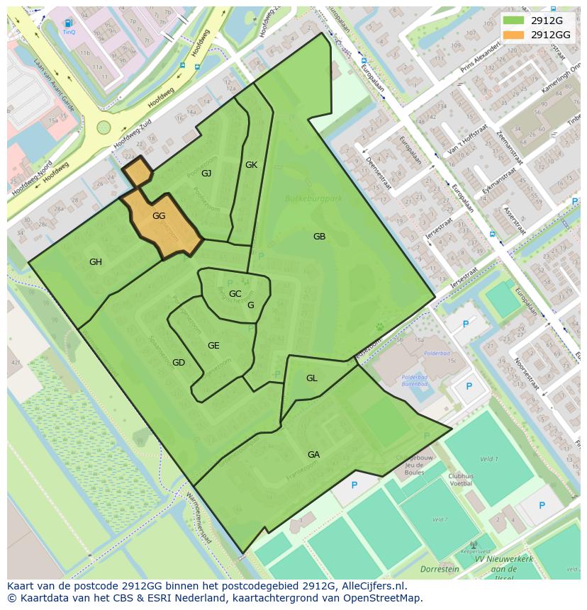 Afbeelding van het postcodegebied 2912 GG op de kaart.
