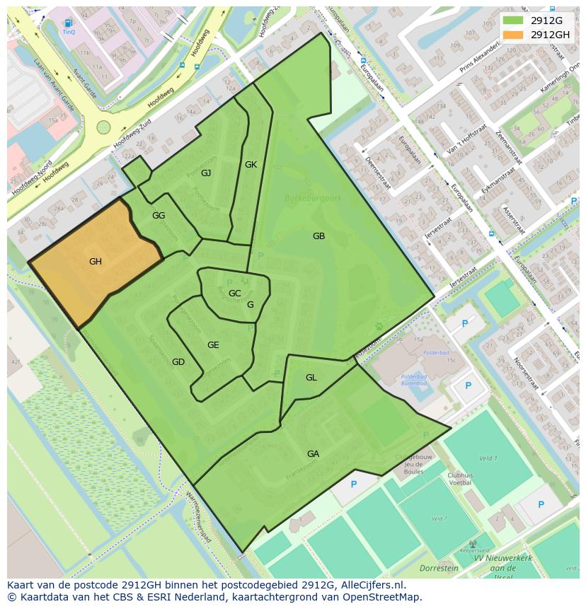 Afbeelding van het postcodegebied 2912 GH op de kaart.