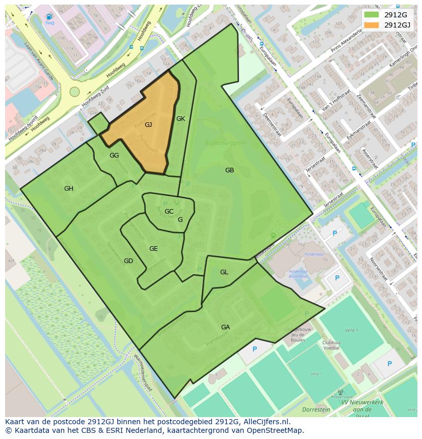 Afbeelding van het postcodegebied 2912 GJ op de kaart.