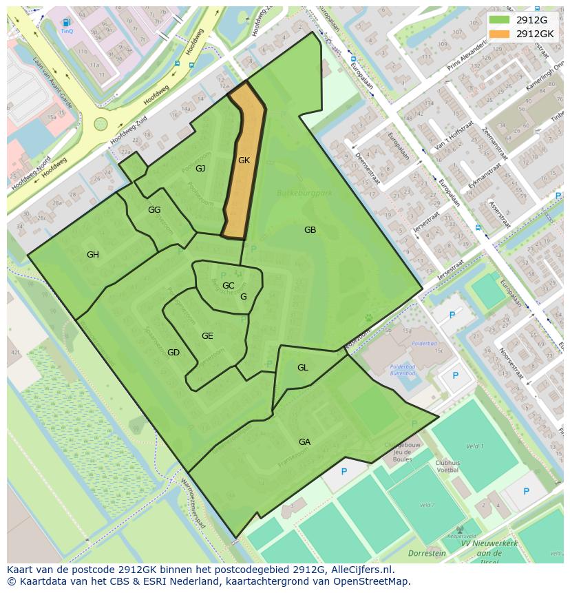 Afbeelding van het postcodegebied 2912 GK op de kaart.
