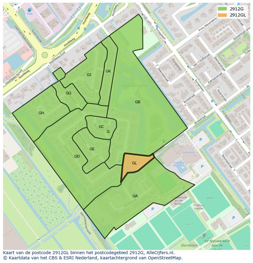 Afbeelding van het postcodegebied 2912 GL op de kaart.