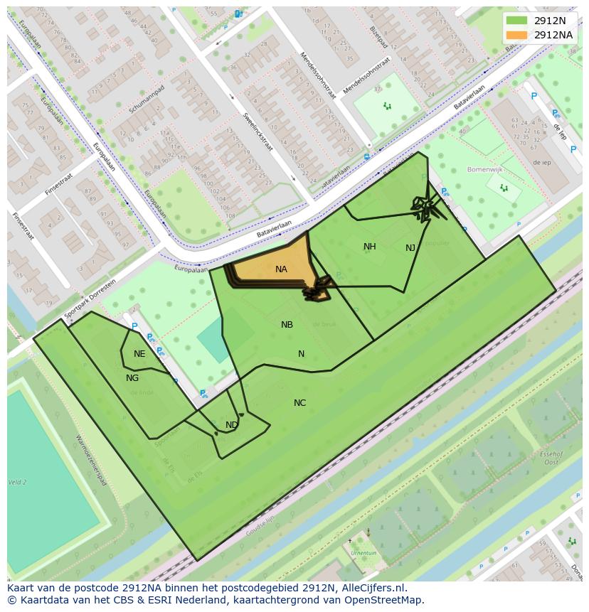 Afbeelding van het postcodegebied 2912 NA op de kaart.