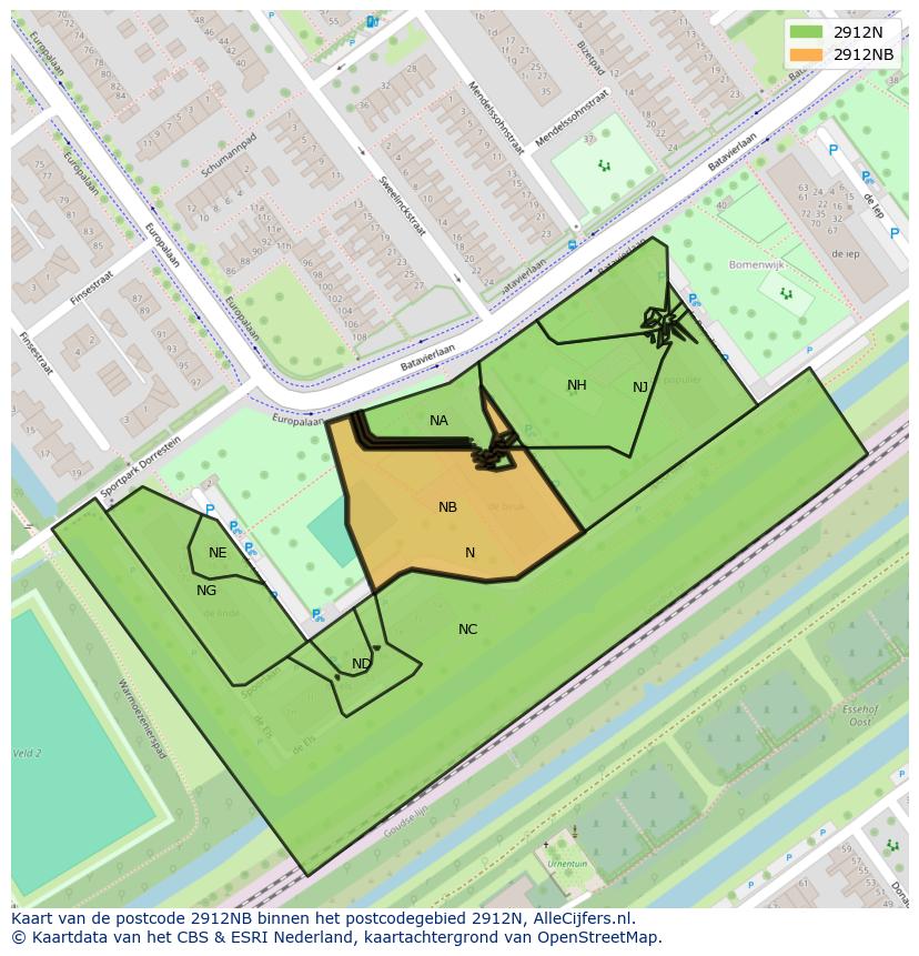 Afbeelding van het postcodegebied 2912 NB op de kaart.