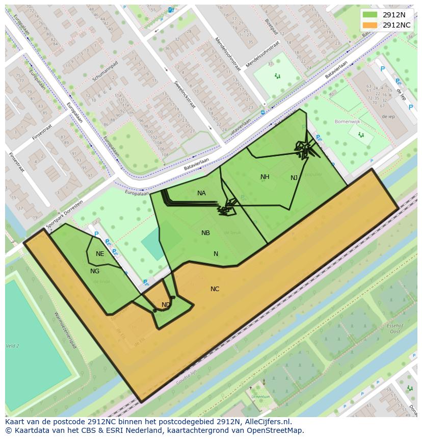 Afbeelding van het postcodegebied 2912 NC op de kaart.