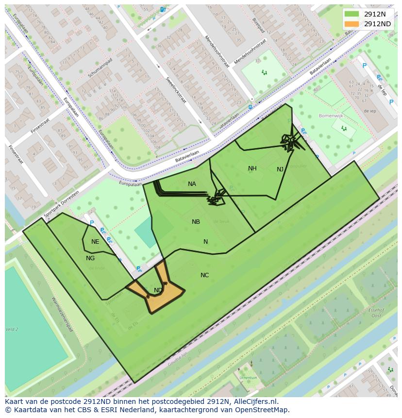 Afbeelding van het postcodegebied 2912 ND op de kaart.