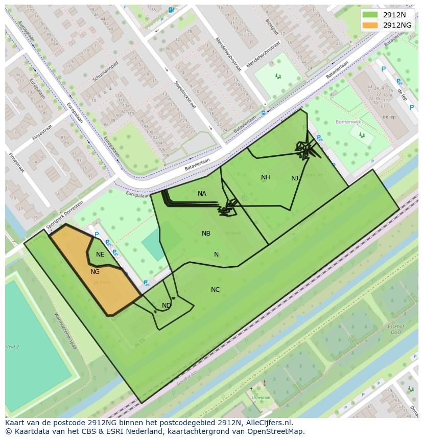 Afbeelding van het postcodegebied 2912 NG op de kaart.
