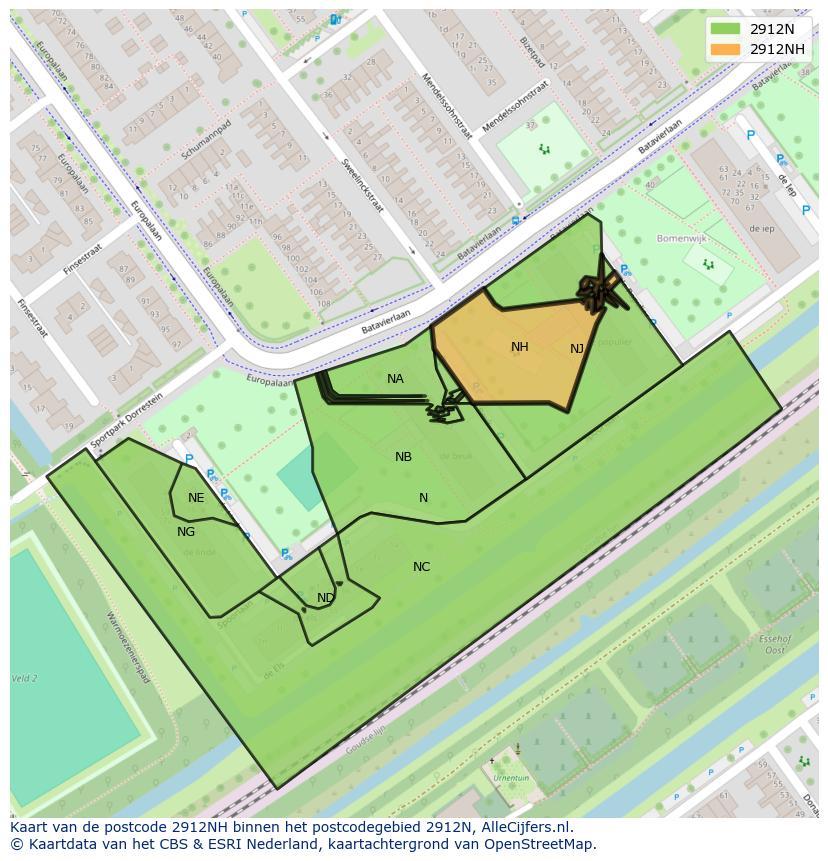 Afbeelding van het postcodegebied 2912 NH op de kaart.