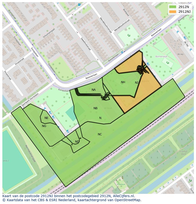 Afbeelding van het postcodegebied 2912 NJ op de kaart.