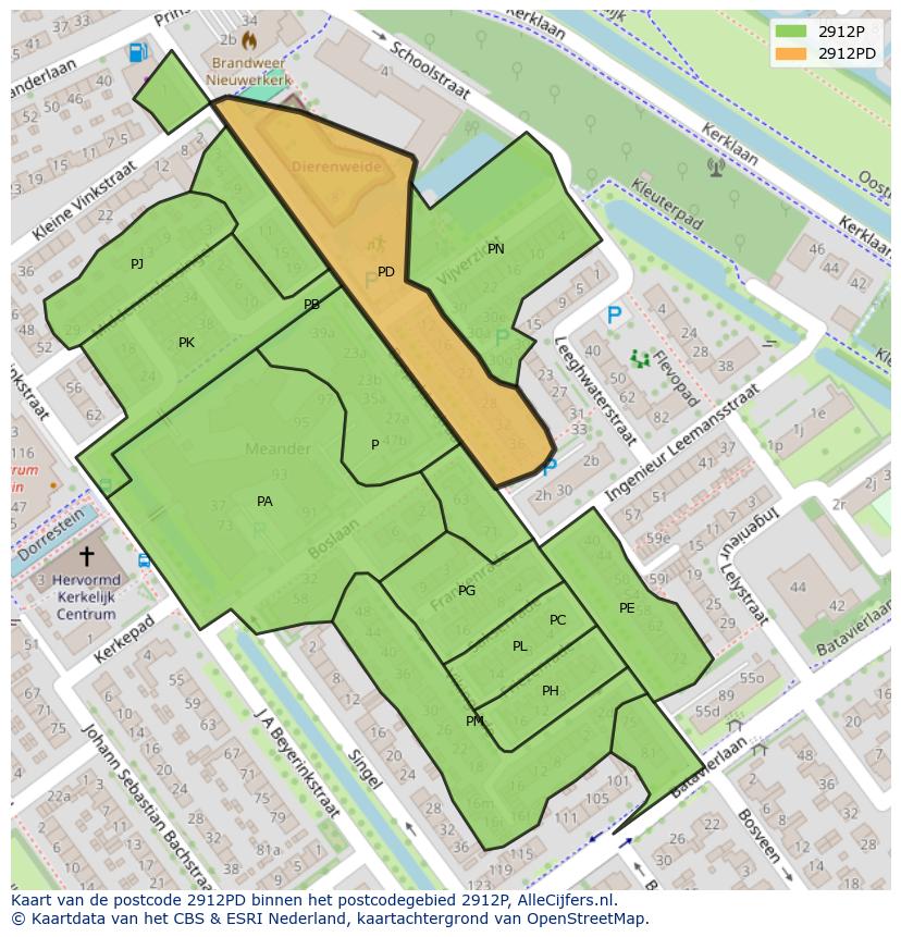 Afbeelding van het postcodegebied 2912 PD op de kaart.