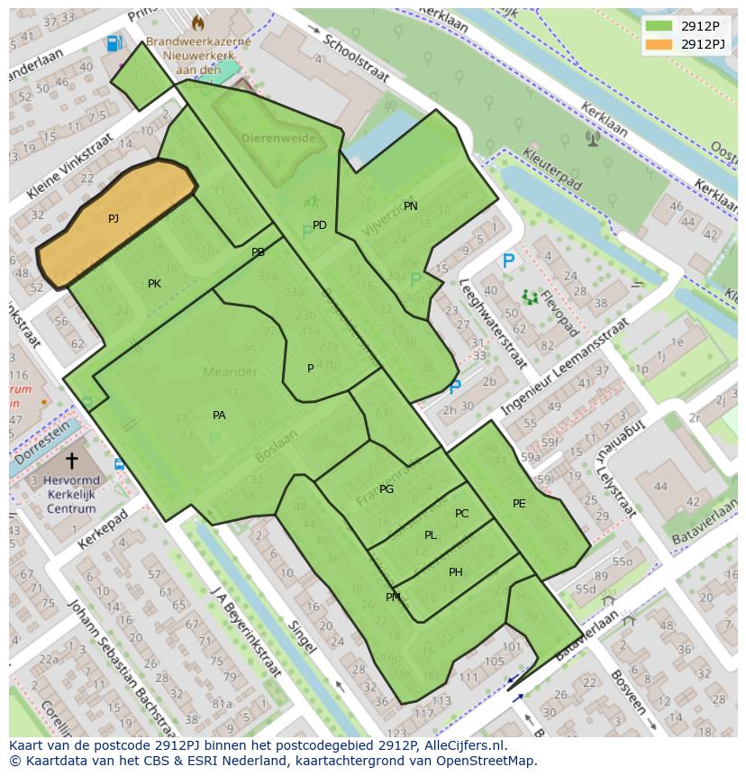 Afbeelding van het postcodegebied 2912 PJ op de kaart.